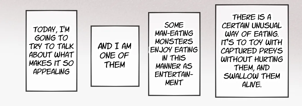 A giant fox girl swallows humans whole while reviewing food in a vore manga